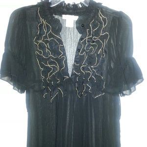 Sexy sheer black ruffle w gold trim dress