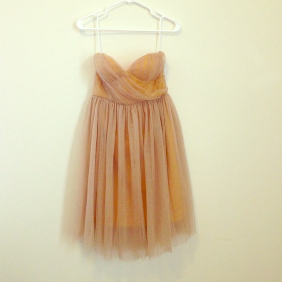 Gold tulle dress; multilayered strapless