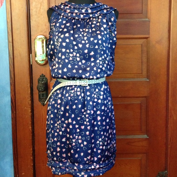 Navy belted mini dress with pink hearts