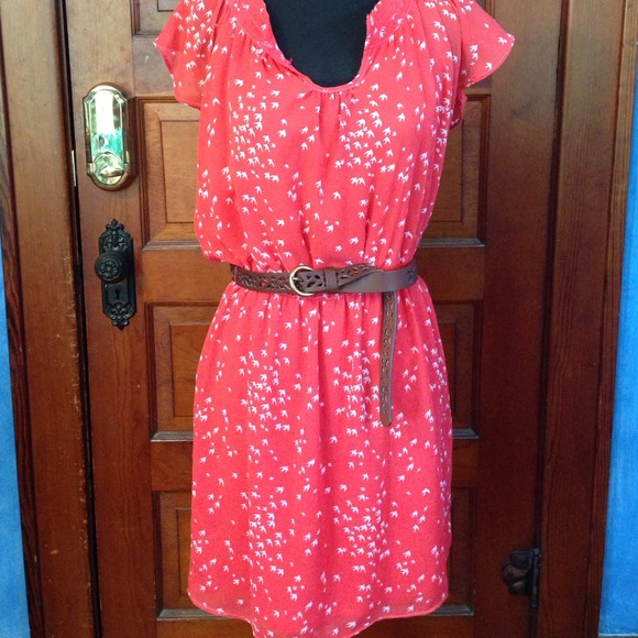 Coral belted mini with birds