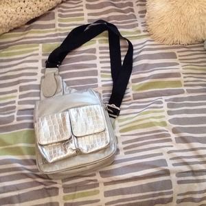 Silver/ grey faux leather travel messenger bag