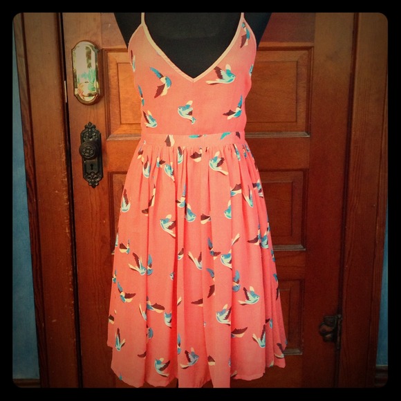Coral sundress with blue birds