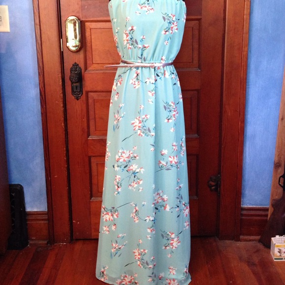 Teal chiffon maxi with floral design