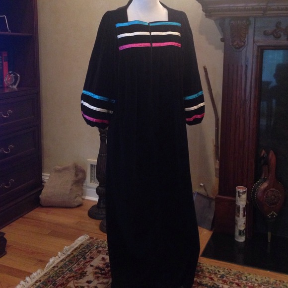 Beautiful jet black velour robe w/colorful stripes - Picture 1 of 3