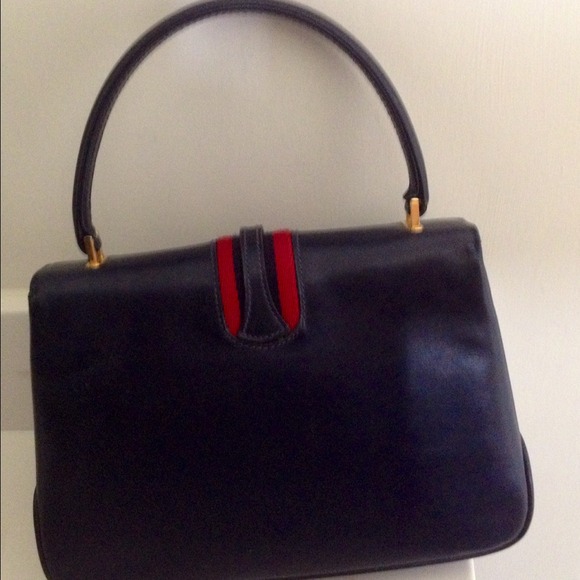 SOLD Gucci VTG Navy Leather Web Boston Purse Bag - Picture 3 of 4