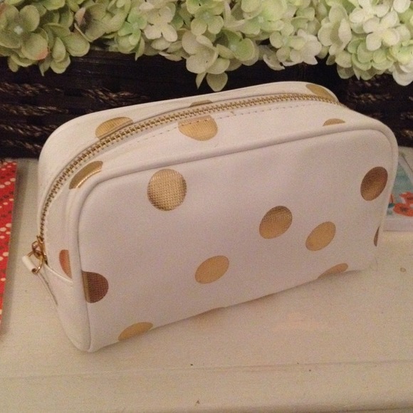 Clutches & Wallets - White and metallic gold polka dot makeup bag