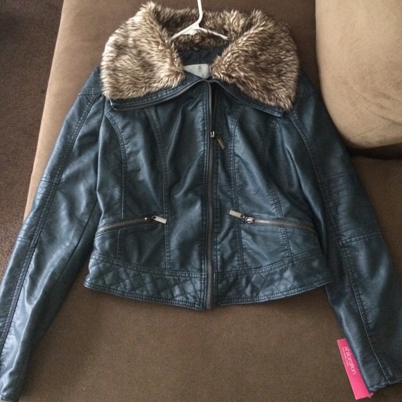 Blue/green fake leather & fur jacket.