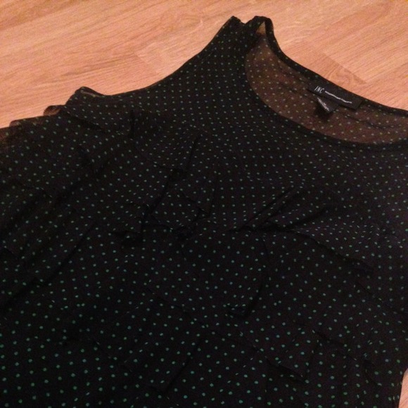 Dark Blue w/Green Polka Dot Ruffled Sleeveless Top - Picture 3 of 3