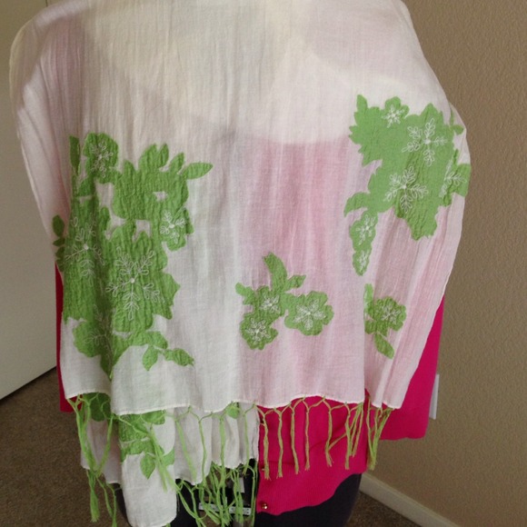 Cream Scarf with Lime Green Flowers - Picture 3 of 4