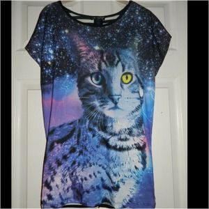 Galaxy cat/ striped T-shirt