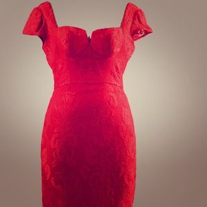 Red lace bustier cocktail dress