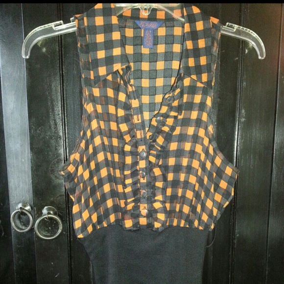 Orange n black sleeveless ruffle cinch waist top