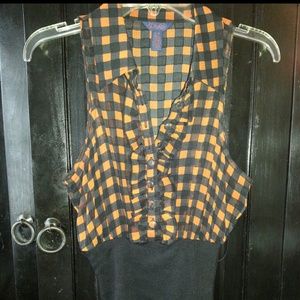 Orange n black sleeveless ruffle cinch waist top