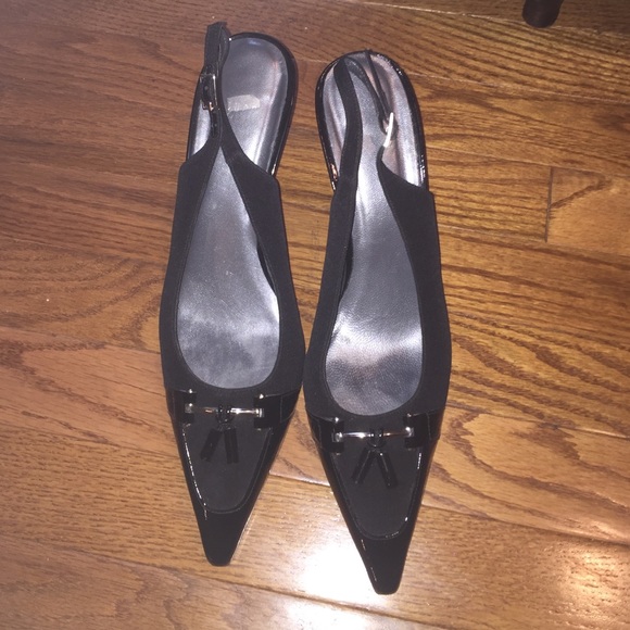 Stuart Weitzman Patent /Fabric Sling Backs - Picture 1 of 8