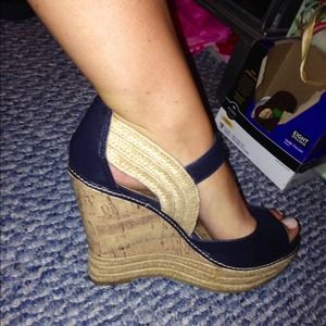 Navy Blue & Cork Wedges