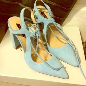 Baby blue front lace chunky heel pointy toe heels