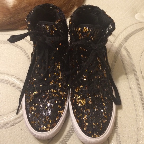 Black and gold sparkle supra sneakers