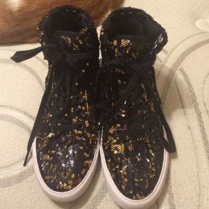 Black and gold sparkle supra sneakers