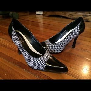 Black patent leather and houndstooth.