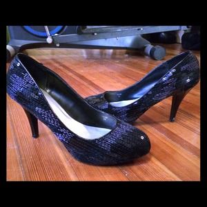 Black sequined platform heels