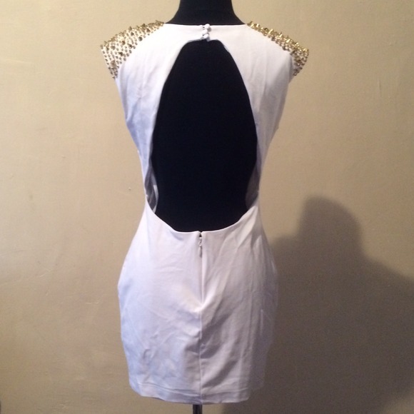 White Bebe backless dress w/ gold spiked shoulder - Picture 2 of 3