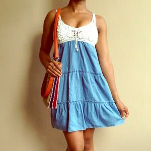 Faux denim dress with crocheted top