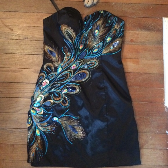Formal peacock cocktail dress.