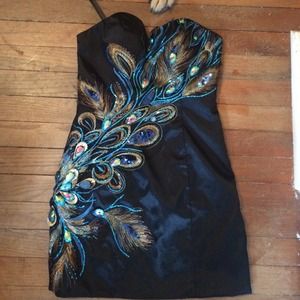 Formal peacock cocktail dress.