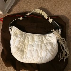 Coach White Quilted Hobo Handbag with suede tassel
