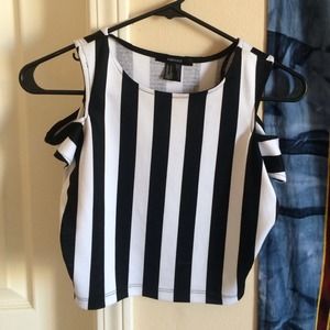 Striped open shoulder crop top