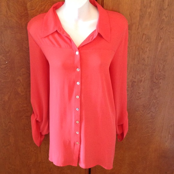 Coral Button Up- Cut Out & Dropped in back Chiffon