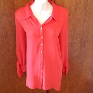 Coral Button Up- Cut Out & Dropped in back Chiffon