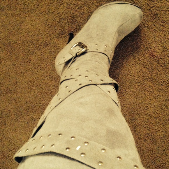 Gray faux suede knee high platform heels