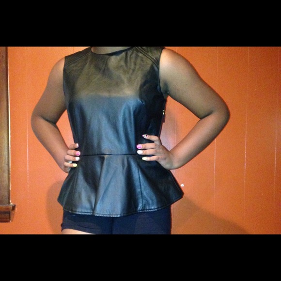 Black Zippered Leather Peplum Top