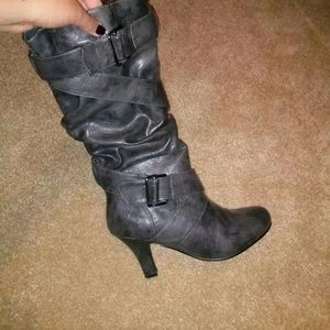 Gray high heeled boots
