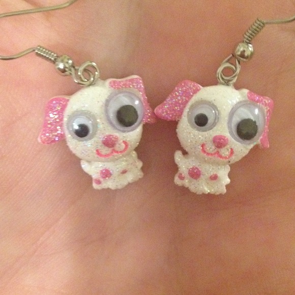 Pink and white sparkly puppy earrings