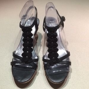 Black wedge T strap sandals