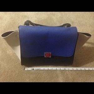 Designer inspired blue color block trapeze bag