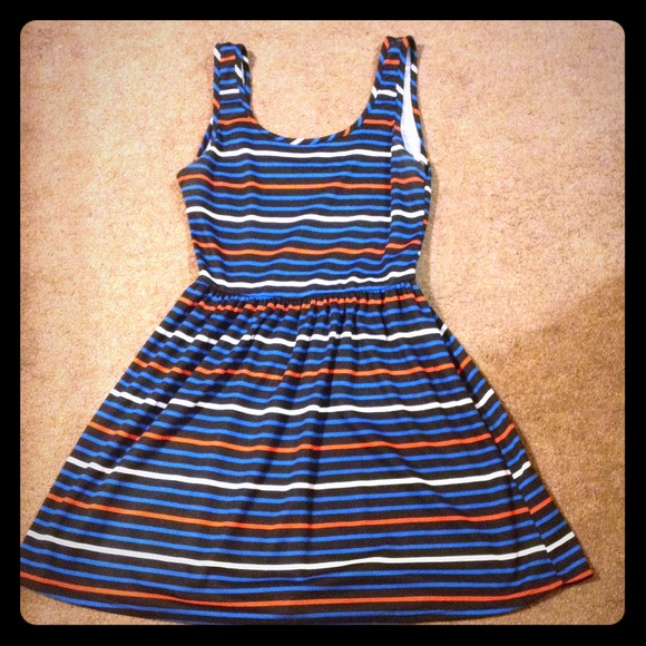 Blue, orange/red, white, and black stripped dress!