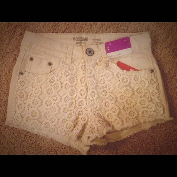 High-waisted crochet cream denim shorts