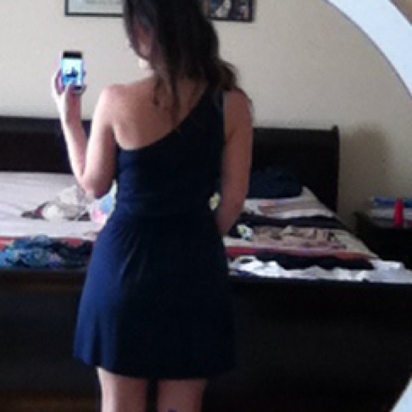 Navy Blue one Shoulder cocktail Dress - Picture 2 of 4