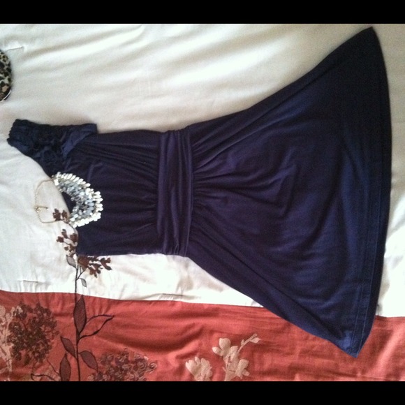 Navy Blue one Shoulder cocktail Dress - Picture 3 of 4