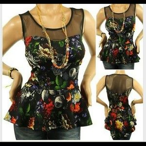 Black sexy mesh flower pattern peplum top