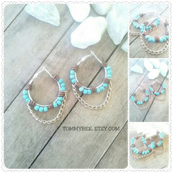 Bronze & Turquoise Mix Handwoven Hoop Earrings. - Picture 2 of 3