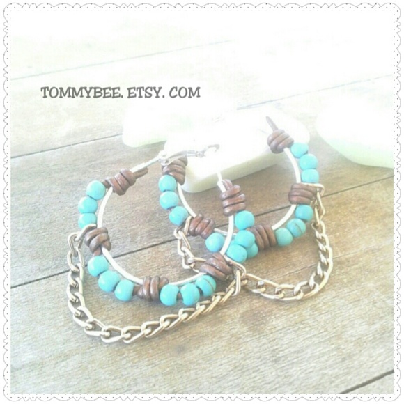 Bronze & Turquoise Mix Handwoven Hoop Earrings. - Picture 3 of 3