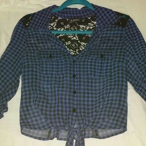 BLUE BLACK CHECKERED SHEER TIE BUTTON UP TOP