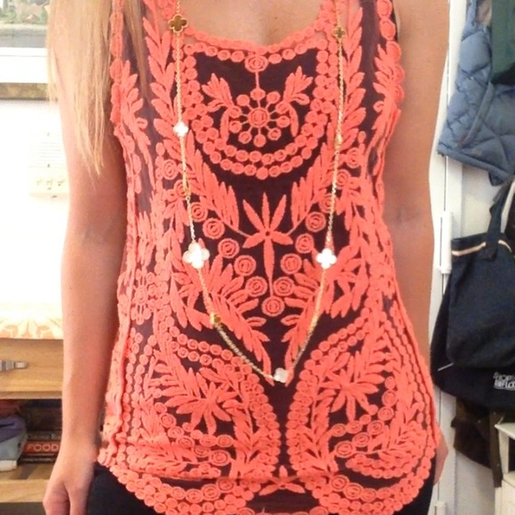 Crochet / Lace tank in neon coral