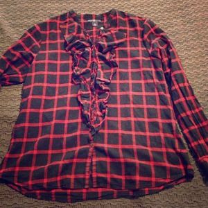 Red and black plaid ruffle button shirt - GAP