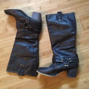 Brown buckle heel boots