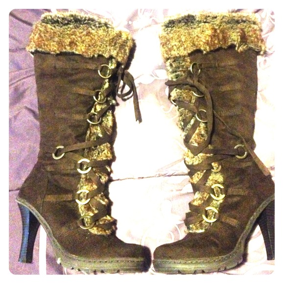Pair of All Manmade Material High Heel Fur Boots